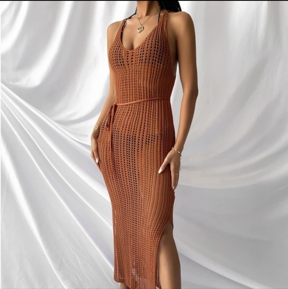 Women's NWOT Brown Sleeveless Crochet Maxi Cover Up High Slit Dress Size Small🐈